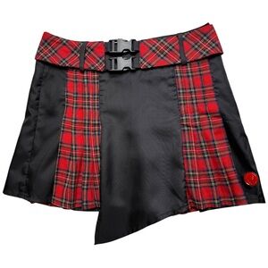 Cyberdog Plaid Black Red Asymmetrical Belt Rave Goth Mini Skirt Kilt Medium